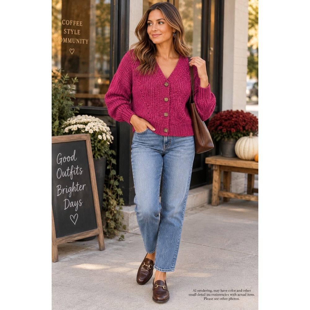 LOFT M Magenta Chunky Knit Cardigan V-Neck Button Front Cozy Preppy Sweater